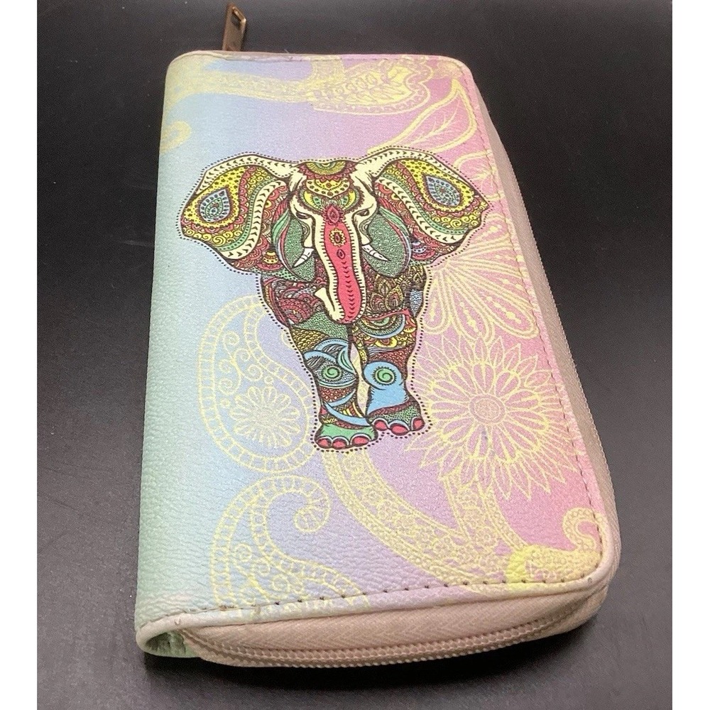 Vintage Boho Retro Elephant Zippered Wallet 7.5" x 4"‎ Raised Clutch Wallet